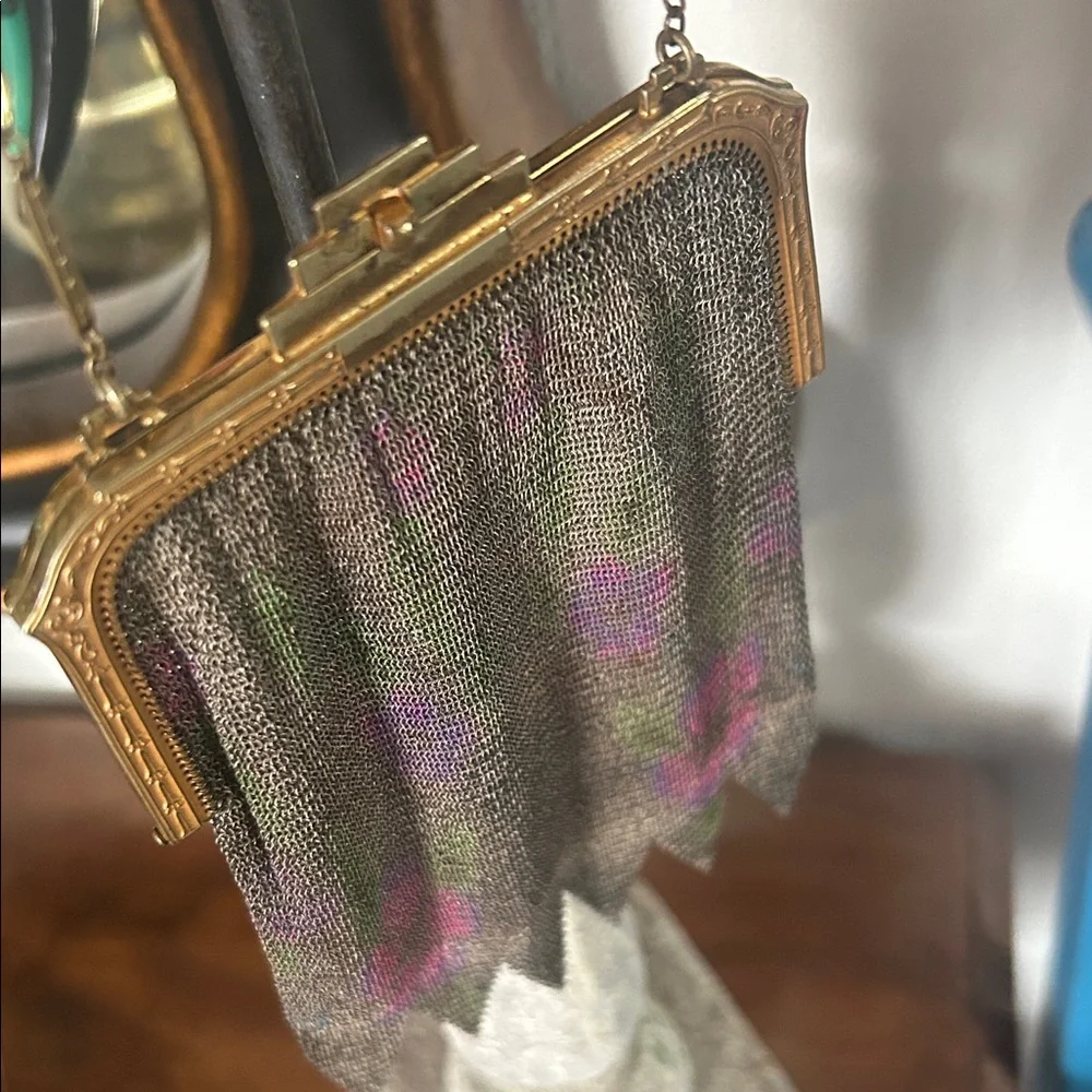 Antique Art Deco Dresden Mesh Watercolor Floral Purse Handbag - Picture 7 of 15